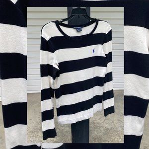 Ralph Lauren Sport Black & White Striped Sweater with Polo Pony. Size L.